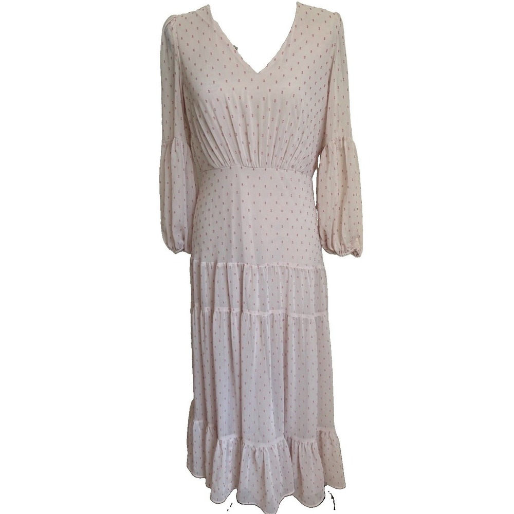 Taylor Women's Size 8 Pink Swiss Dot Maxi Dress Long Sleeve Boho Romantic Ruffle